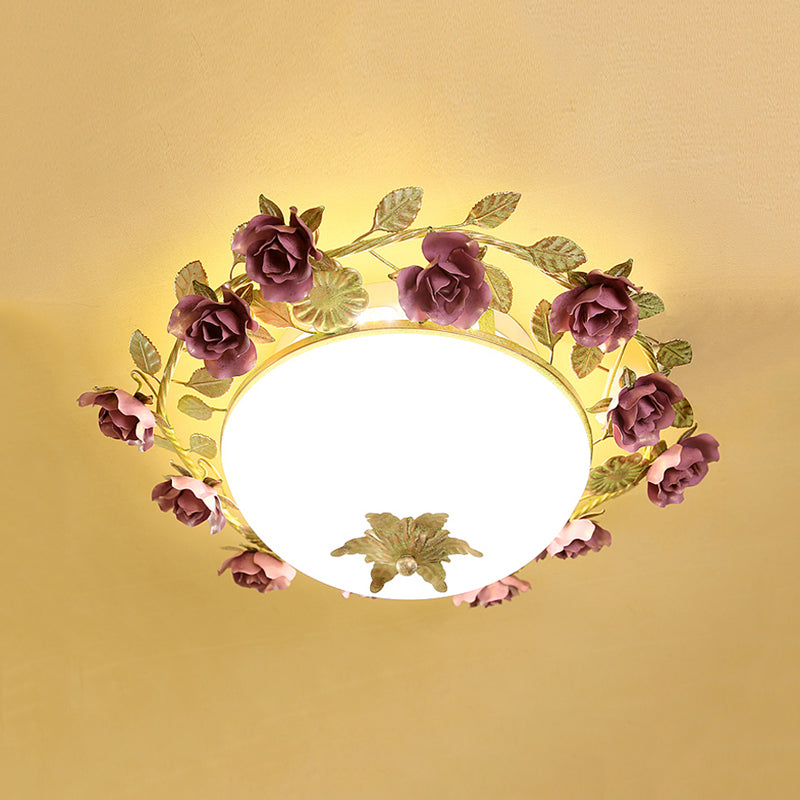 American Flower Bowl Ceiling Flush 3 - Light Opal Frosted Glass Flushmount Lighting - Pink/Green