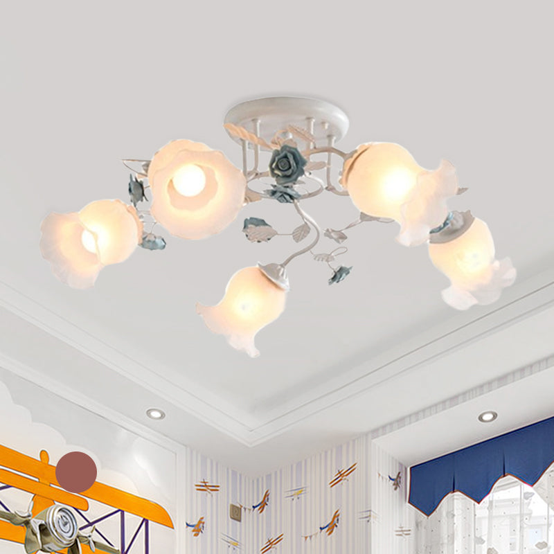 Frosted Glass Bud Semi Flush Chandelier In Pink/Blue/Blue - White - Ceiling Mount Lamp For