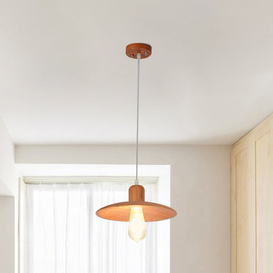Down Lighting Wood Disk Pendant Lamp For Dining Room - Minimalist 1 Light Beige/Orange Red