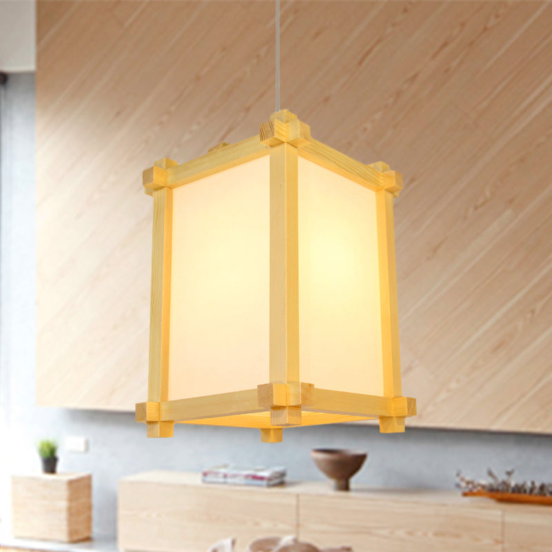 Pendant Light Fixture - Japanese-Style Wood 1-Bulb Box Shape Hanging Lamp Beige Color Ideal For