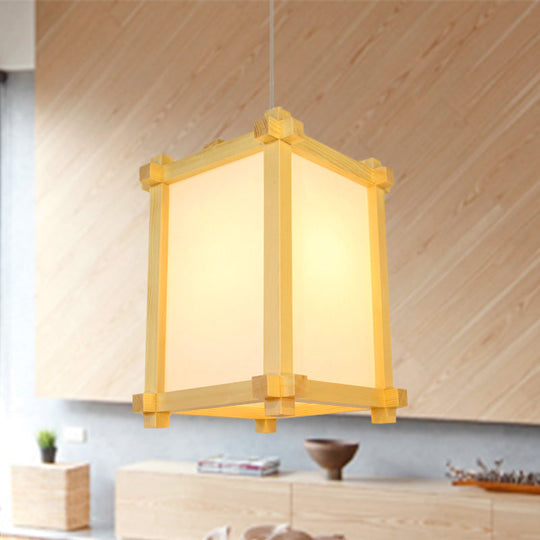 Pendant Light Fixture - Japanese-Style Wood 1-Bulb Box Shape Hanging Lamp Beige Color Ideal For