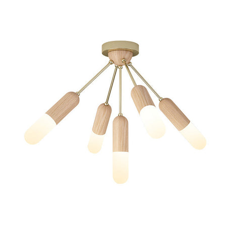 Modern Wood Capsule Semi Mount Ceiling Lamp For Bedroom - Beige 3/5-Light