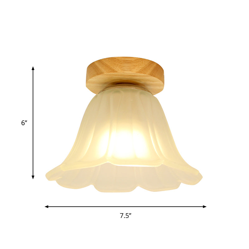 Modern Wood Flush Mount With White Glass Shade - 1-Head Corridor Lamp
