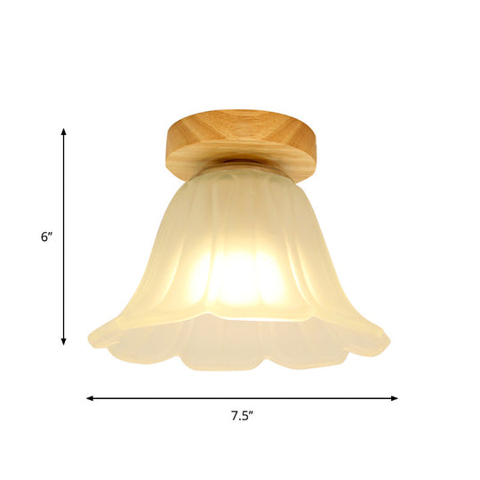 Modern Wood Flush Mount With White Glass Shade - 1-Head Corridor Lamp