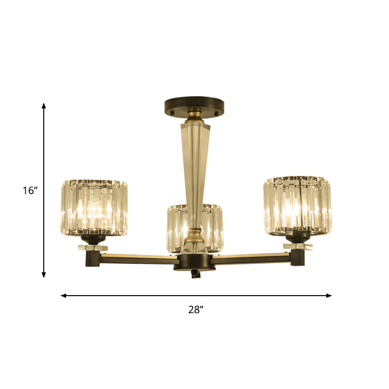 Modern Black Flush Light Fixture With Clear Crystal Blocks And 3 Bulbs