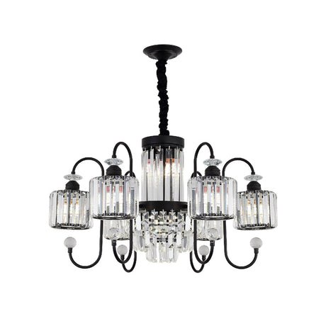 Modern Black Crystal Chandelier - 5/8 Cylindrical Heads With Gooseneck Arm