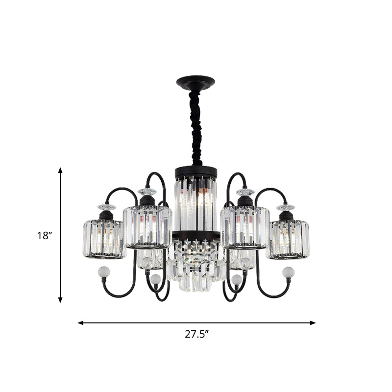 Modern Crystal Black Chandelier - 5/8 Cylindrical Heads Suspension Light With Gooseneck Arm