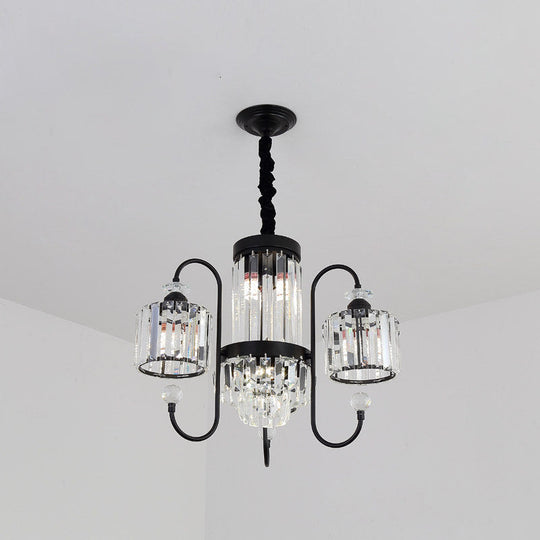 Modern Crystal Black Chandelier - 5/8 Cylindrical Heads Suspension Light With Gooseneck Arm