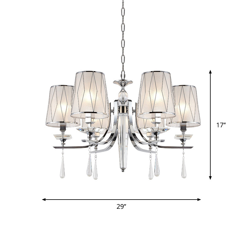Contemporary Chrome Chandelier: Cone Pendant Light With Crystal Draping - 6 Lights