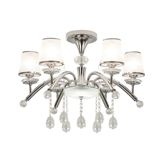 Contemporary Bell Semi Flush Mount Light With Crystal Drop - 6 - Bulb Chrome In Frosted Glass