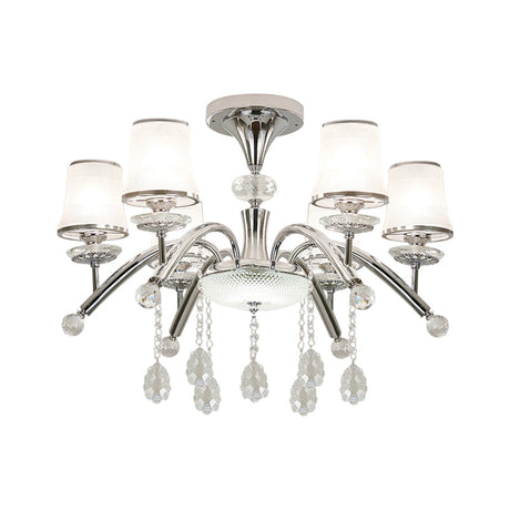 Contemporary Bell Semi Flush Mount Light With Crystal Drop - 6-Bulb Chrome In Frosted Glass
