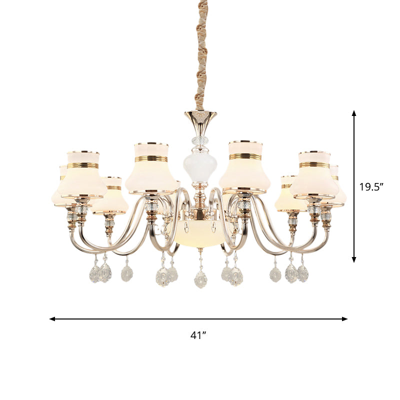 Modern Gold Frosted Glass Pendant Lamp With Crystal Draping - 10-Light Flared Ceiling Chandelier