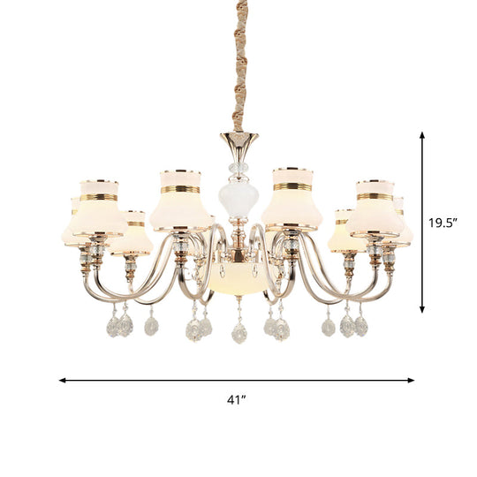 Modern Gold Frosted Glass Pendant Lamp With Crystal Draping - 10-Light Flared Ceiling Chandelier