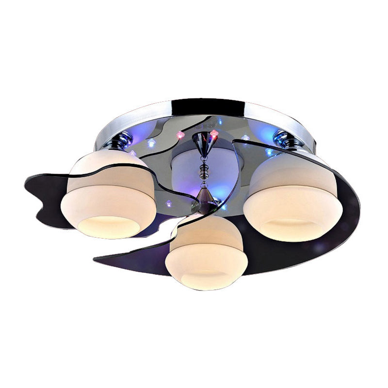 Minimalist Crystal Flush Mount Light With Moon And Star Design 3 Heads White Glass Shade