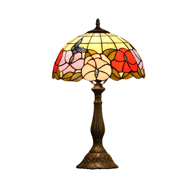 Marina - Tiffany 1 Bulb Grid-Bowl Table Light Bronze Stained Glass Night Lamp With Butterfly And