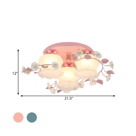 Pastoral Half - Open Flower Ceiling Lamp - 3/5 - Light Semi Mount Lighting With Frosted Glass &