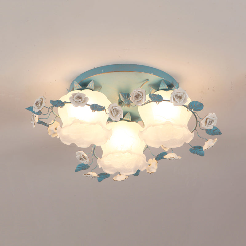 Pastoral Half - Open Flower Ceiling Lamp - 3/5 - Light Semi Mount Lighting With Frosted Glass &