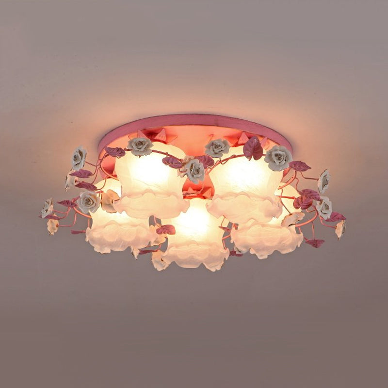 Pastoral Half - Open Flower Ceiling Lamp - 3/5 - Light Semi Mount Lighting With Frosted Glass &