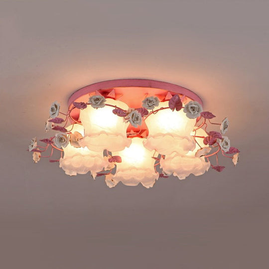 Pastoral Half - Open Flower Ceiling Lamp - 3/5 - Light Semi Mount Lighting With Frosted Glass &