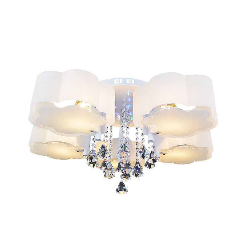 Bloom Glass Flush Mount Lamp With Crystal Draping - Contemporary Design 3/5 Heads White Light