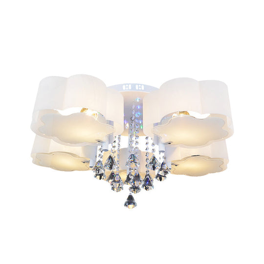 Bloom Glass Flush Mount Lamp With Crystal Draping - Contemporary Design 3/5 Heads White Light