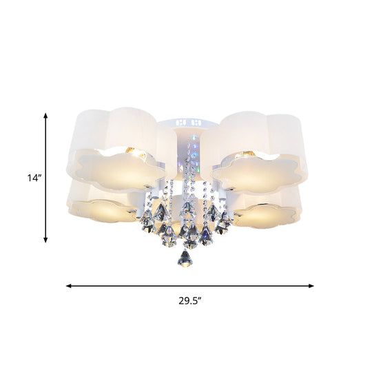 Bloom Glass Flush Mount Lamp With Crystal Draping - Contemporary Design 3/5 Heads White Light
