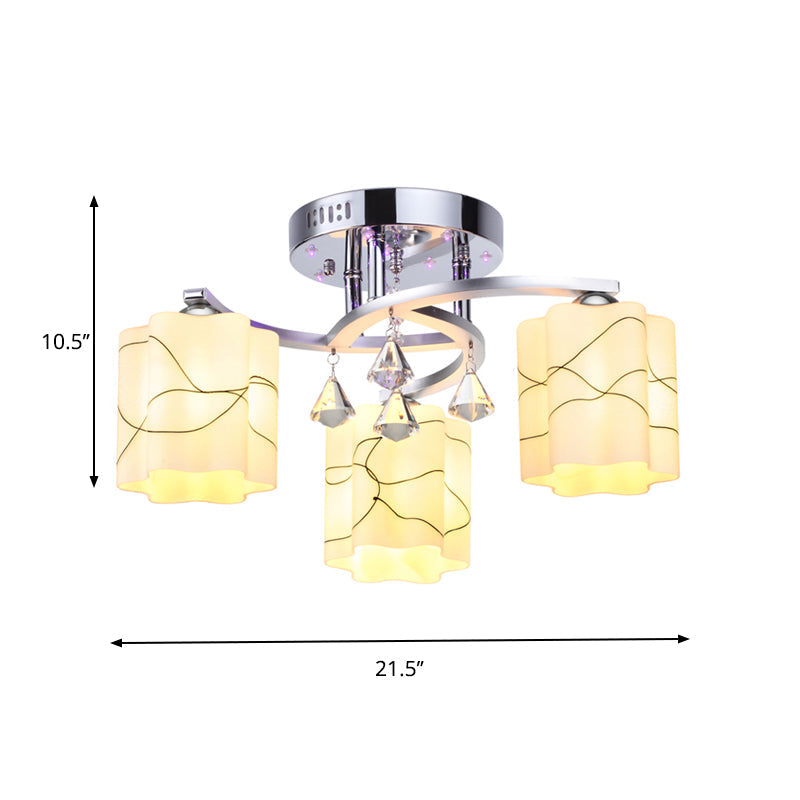 Sleek Chrome Ceiling Flush Mount With Frosted Glass Scalloped Semi Design & Crystal Drop - 3/5 Bulbs