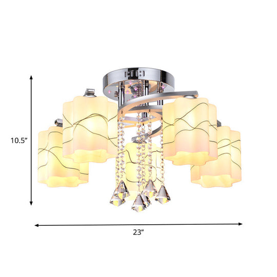 Sleek Chrome Ceiling Flush Mount With Frosted Glass Scalloped Semi Design & Crystal Drop - 3/5 Bulbs