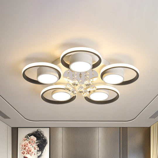 Modern Crystal Ball Circle Ceiling Lamp - 3/5 Lights Flush Mount For Bedroom In Black & White