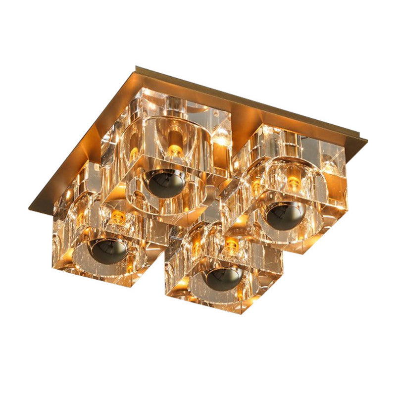Minimalist Crystal Block 4 - Head Brass Ceiling Light For Bedroom Flushmount Lighting