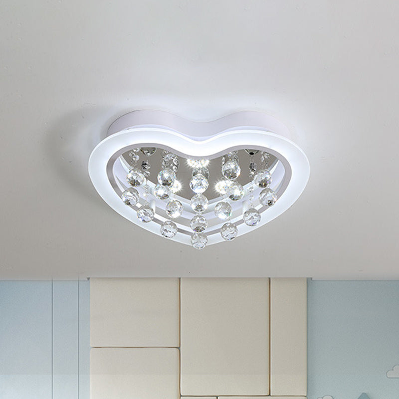 Minimalist Led Heart Ceiling Light In White With Crystal Orb - 16’/19.5’ Acrylic Flush Fixture