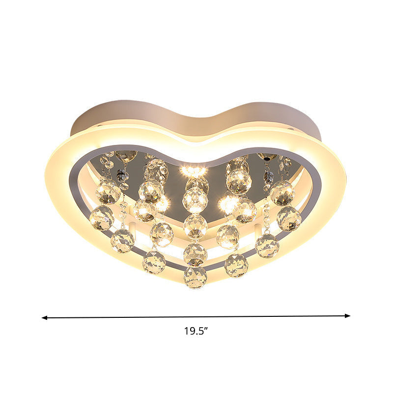 Minimalist Led Heart Ceiling Light In White With Crystal Orb - 16’/19.5’ Acrylic Flush Fixture