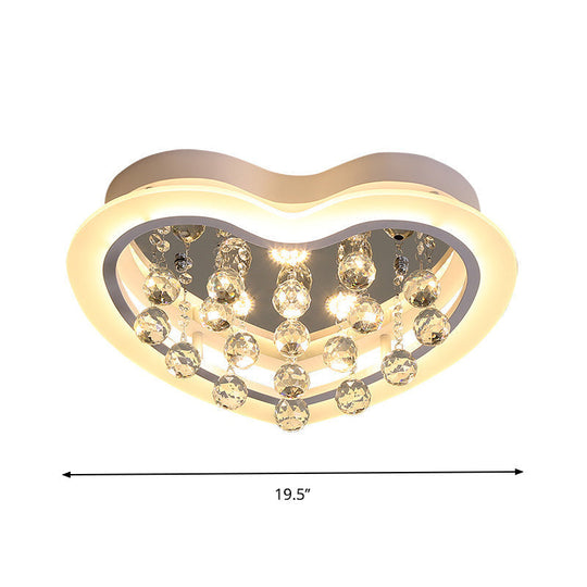 Minimalist Led Heart Ceiling Light In White With Crystal Orb - 16/19.5 Acrylic Flush Fixture For