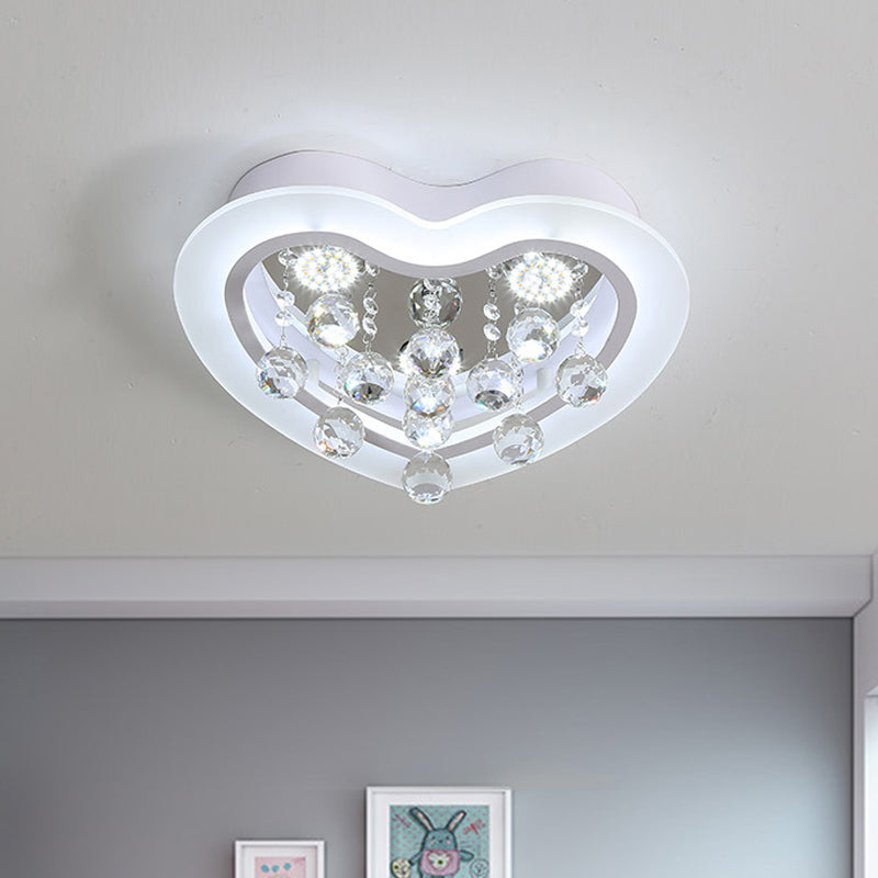 Minimalist Led Heart Ceiling Light In White With Crystal Orb - 16’/19.5’ Acrylic Flush Fixture