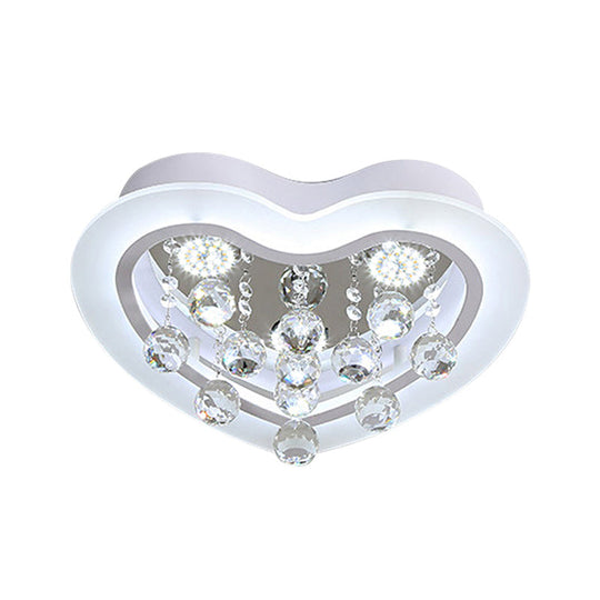 Minimalist Led Heart Ceiling Light In White With Crystal Orb - 16/19.5 Acrylic Flush Fixture For