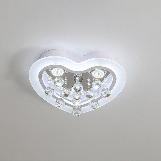 Minimalist Led Heart Ceiling Light In White With Crystal Orb - 16’/19.5’ Acrylic Flush Fixture