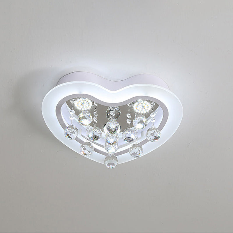 Minimalist Led Heart Ceiling Light In White With Crystal Orb - 16/19.5 Acrylic Flush Fixture For