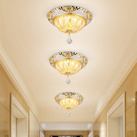 Modern Amber Crystal Glass Led Ceiling Flush Mount With Gold Carved Edge