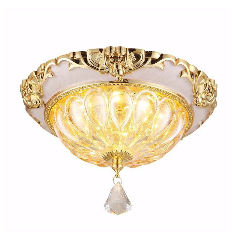 Modern Amber Crystal Glass Led Ceiling Flush Mount With Gold Carved Edge