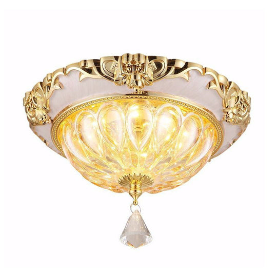 Modern Amber Crystal Glass Led Ceiling Flush Mount With Gold Carved Edge