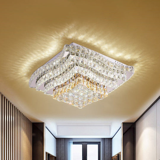 Simplicity Crystal Flush Mount Ceiling Lamp In Chrome - Tiered Square Design