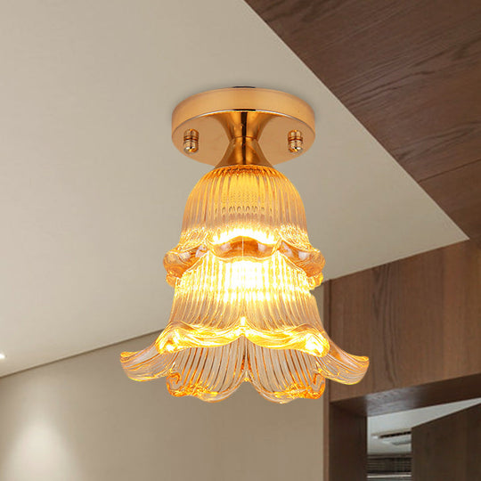 Amber Crystal Flower Corridor Ceiling Light With Gold Finish Flush Mount Single Bulb