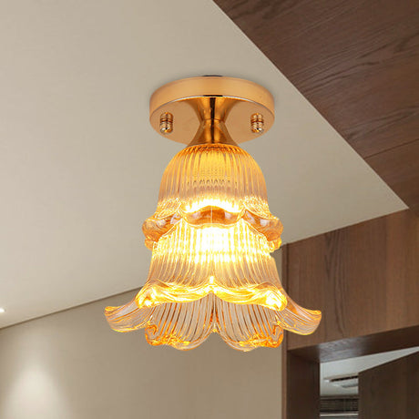 Amber Crystal Flower Corridor Ceiling Light With Gold Finish Flush Mount Single Bulb