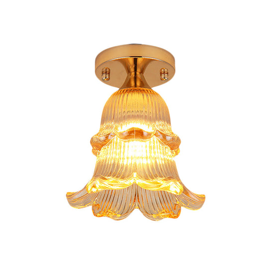 Amber Crystal Flower Corridor Ceiling Light With Gold Finish Flush Mount Single Bulb