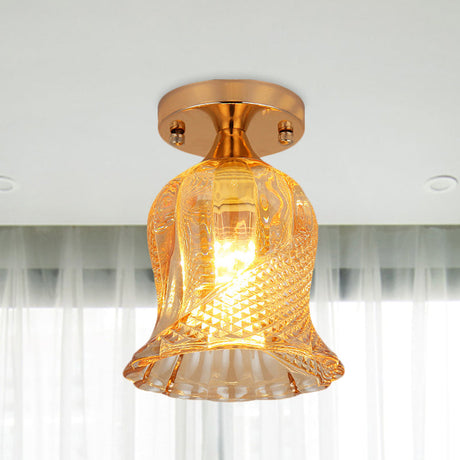 Amber Crystal Flower Corridor Ceiling Light With Gold Finish Flush Mount Single Bulb / B