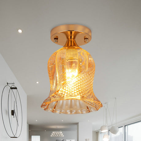 Amber Crystal Flower Corridor Ceiling Light With Gold Finish Flush Mount Single Bulb