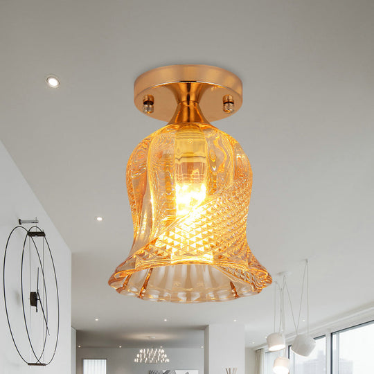 Amber Crystal Flower Corridor Ceiling Light With Gold Finish Flush Mount Single Bulb