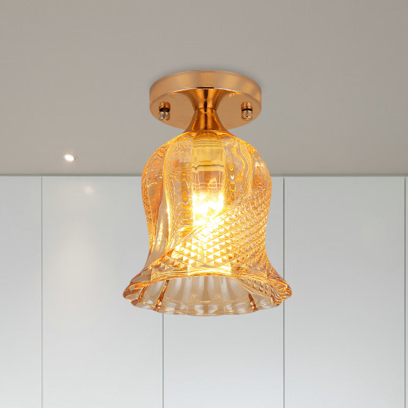 Amber Crystal Flower Corridor Ceiling Light With Gold Finish Flush Mount Single Bulb