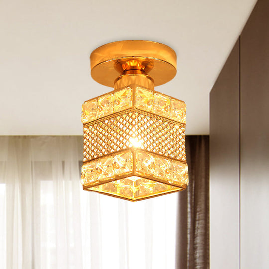 Gold Crystal Flush Mount Ceiling Lamp - Elegant 1-Light Fixture For Hallways