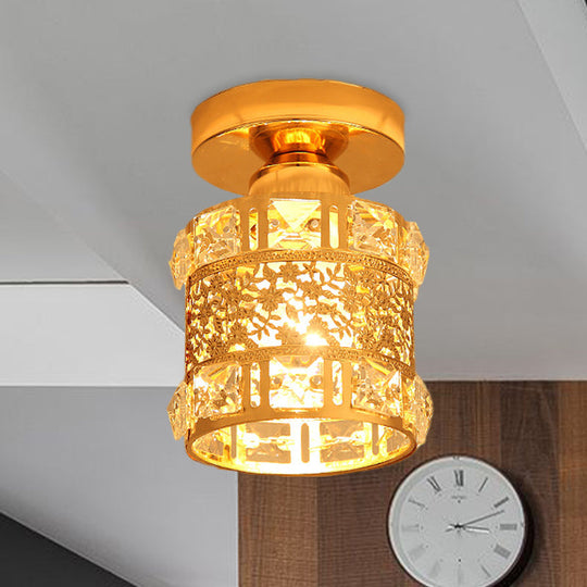 Gold Flush Mount Ceiling Light With Faceted Crystal - Minimalist Cylinder Design Single Bulb